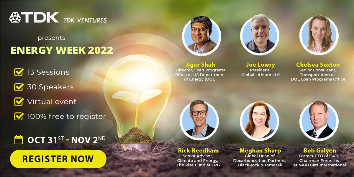 Don’t miss out on your free spot and register today to join more than 3000 business leaders, scientific experts, #entrepreneurs, and representatives of leading global institutions for the biggest #Energy event of the year!

Register here: tdk-ventures-energy-week2022.com

#EnergyWeek
