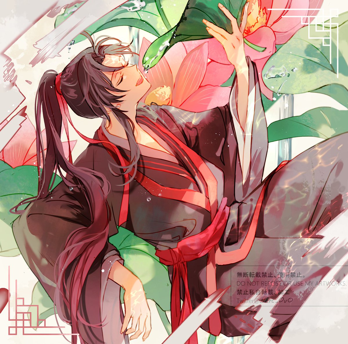 male focus 1boy hanfu long hair closed eyes chinese clothes ponytail  illustration images