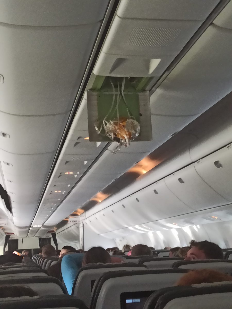 EmmaPryor6's tweet photo. @janer900 @GingerMummy79 My son was on the flight into Manchester this morning with his school. Hard landing led to ceiling panels coming down and some masks. Probably why they have had to cancel flight back out. Not good https://t.co/pWqN6nDKAp
