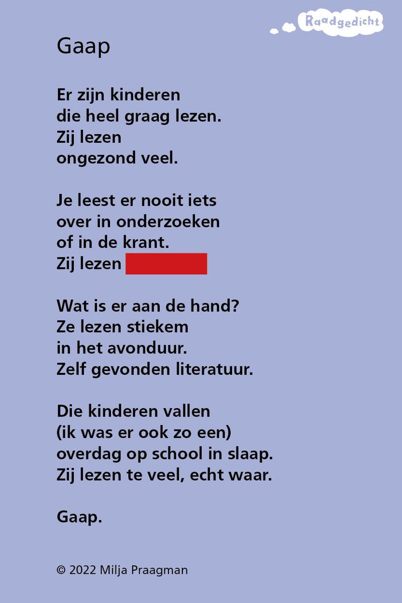 Raadgedicht's tweet photo. Week 9. Raadgedicht 'Gaap' van Milja Praagman staat online. 
* Graag invullen op de WEBSITE RAADGEDICHT en niet op Twitter! * Ga naar https://t.co/6ntavB9j3z om mee te doen. 
Tot donderdag 16 uur kun je je oplossing insturen. https://t.co/KgRyYTOozI