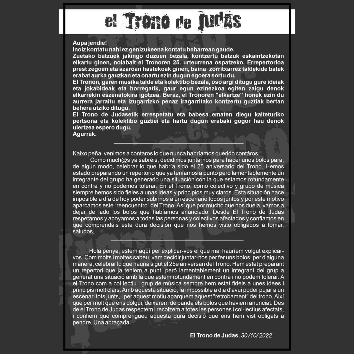 RocketxeaZizur's tweet photo. Azkenean El Trono De Judas taldeak ez du festibalean joko. Hemen arrazoia 
——————————————————
Finalmente El Trono De Judas no tocará en el festival. Aquí la explicación https://t.co/l8m341ACQT