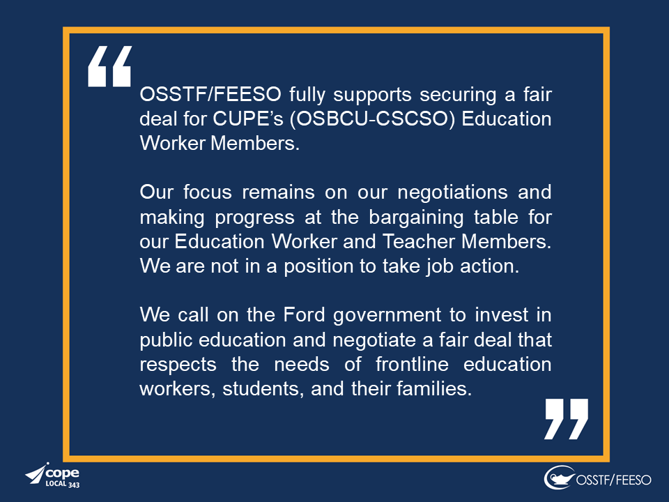 osstf's tweet photo. We fully support @osbcucscso's goal of obtaining a fair deal for their Education Worker Members.

We remain at the bargaining table, focused on getting a fair deal for our Ed Worker &amp; Teacher Members. 

We call on the Ford govt to invest in public ed &amp; students in ON #OntEd https://t.co/05HpLOqzo0