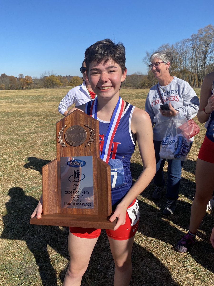 That third place state cross country trophy tastes pretty good!  Molly set new personal best time, finished 18th overall, and finished first for the Crusaders leading St. Henry team to the state podium