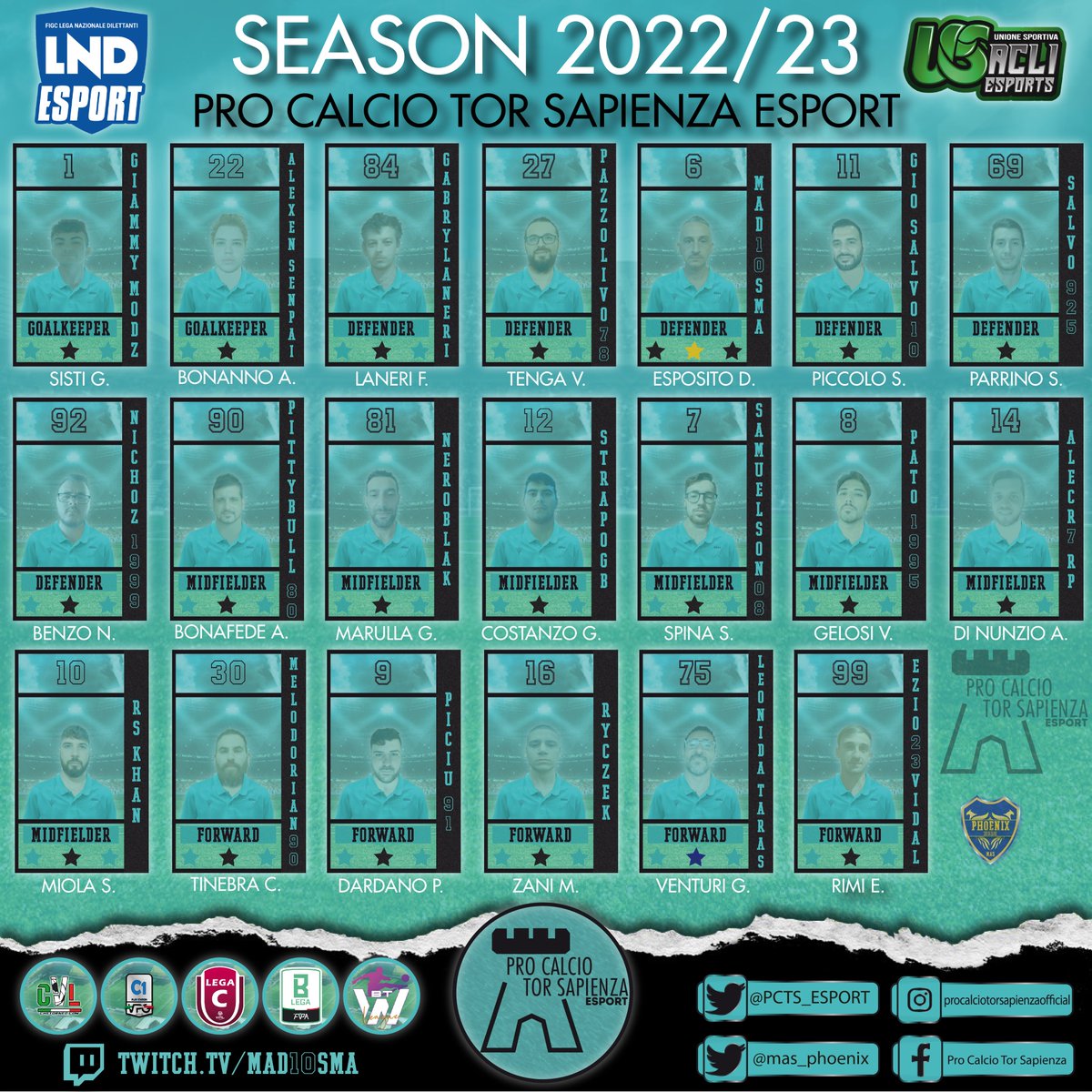 <a href="/GiammyGK/">Giammy GK</a> @Alexen_Senpai <a href="/pazzolivo18/">Pazzolivo18</a> <a href="/tore_piccolo25/">Gio-Salvo10</a> <a href="/LaneriFabio/">Fabinho Laneri</a> <a href="/BenzoNicholas/">NichoZ_1999</a> <a href="/salvo_parrino/">Parrino Salvo</a> <a href="/RS_Khan90/">RS_Khan</a> @Pittybull_80 <a href="/Neroblack__/">NEROBLACK🇮🇹</a> <a href="/pato19953/">Pato_1995</a> <a href="/samuelson_08/">✯𝕤𝕒𝕞𝕦𝕖𝕝𝕤𝕠𝕟_𝟘𝟠✯</a> <a href="/StrapoGB/">StrapoGB</a>  <a href="/alessandrodf6/">Alessandro (Cr-Alex96)</a> <a href="/DardanoPietro/">Piciu_91</a> <a href="/leonidataras9/">LEONIDA-TARAS(iacovone)</a> <a href="/kebab_mattia/">Kebab (ryczek)</a> <a href="/ezio23vidal/">ezio23vidal</a> <a href="/MeloDorian/">Tinebra Carmelo</a> 
ROSTER  <a href="/PCTS_ESport/">Pro Calcio Tor Sapienza</a>