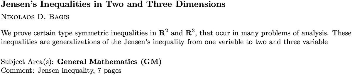 arxiv.org/abs/2210.15450…
N D Bagis
Jensen's Inequalities in Two and Three Dimensions