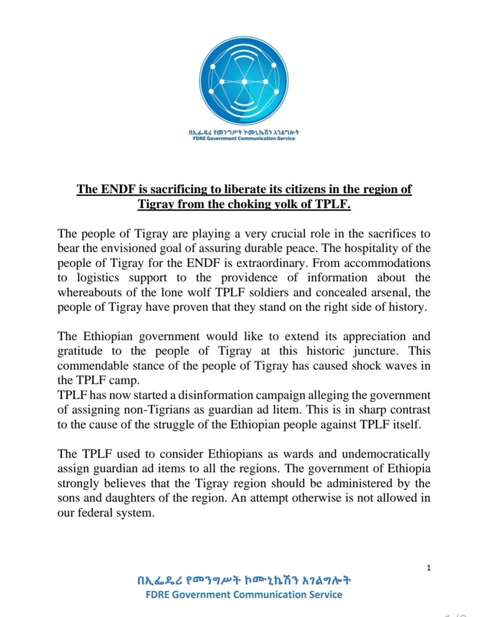 FdreService's tweet image. The Ethiopian government calls up on the people of Tigray to scale up the cooperation with ENDF and leave the theatrical guardian ad litem circus to the adamant player of it-TPLF.