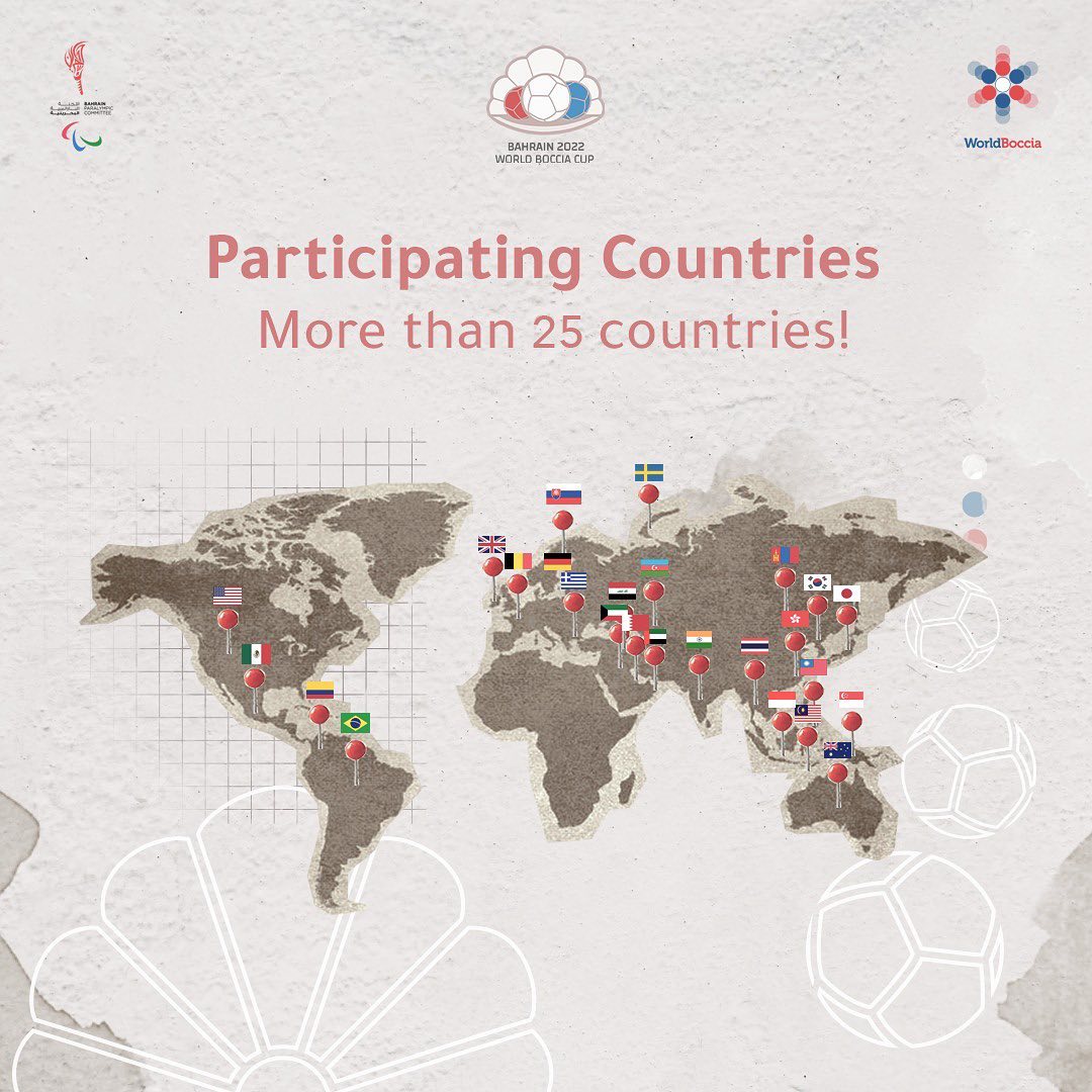 اكثر من 25 دولة من مختلف انحاء العالم مشاركة في كأس العالم للبوتشيا البحرين 2022 More than 25 different countries will participate in the Bahrain 2022 World Boccia Cup! #paralympic #Bahrain #sports #athletes #peopleWithImpairment #Boccia #Boccia2022 #البارالمبية #البحرين