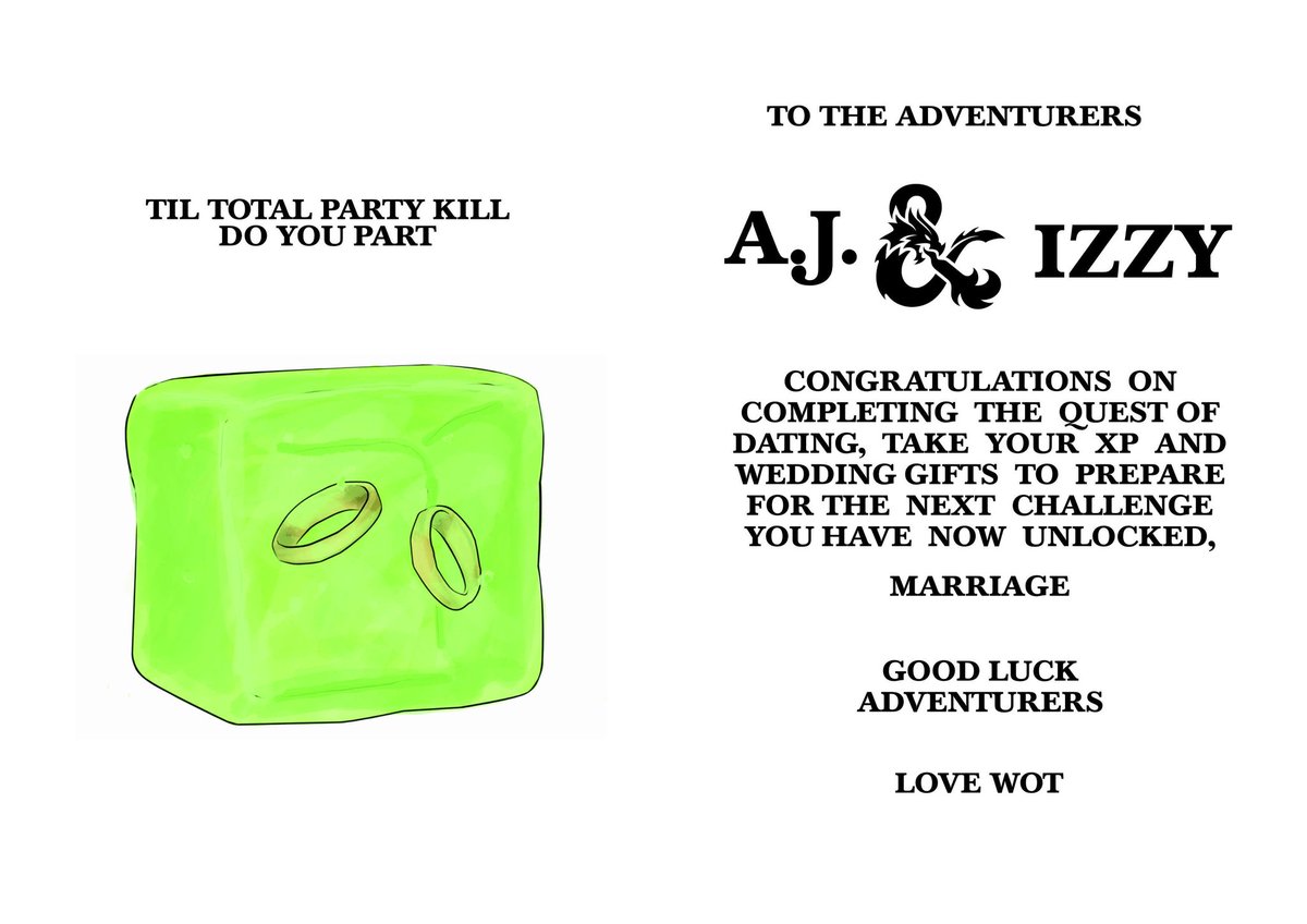 WOTFANAR's tweet photo. Had a wedding card in mind for my dnd playing cousine @DungeonMasterAJ and was then shoked to find it didnt already exist so had to commission @PaintingTinyMen to make my art for it. Congratulations to the happy couple. https://t.co/6DSapv7J6W