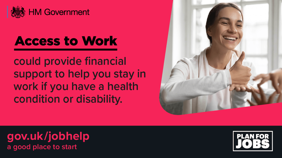 DWPgovuk's tweet photo. #AccessToWork is a government scheme that could provide financial support to help you stay in work

Find out more https://t.co/9OMEJrUVlQ https://t.co/b8FXTnxPRo