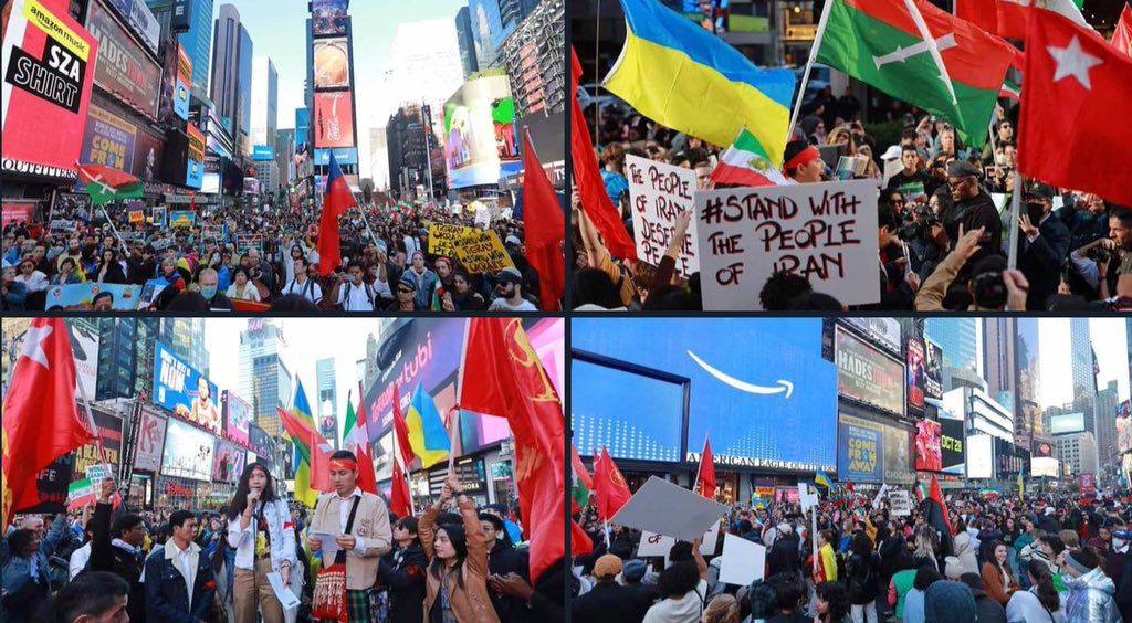 Led by NYCBC, about 1500 activists of Myanmar, Iran &amp; Ukraine held anti-coup #GlobalMyanmarStudentsProtest at Time Square in New York, USA, on Oct 30 morning, showing their grief for the victims of #JuntaAirStrikeInKachin.  #2022Oct30Coup #WhatsHappeninglnMyanmar