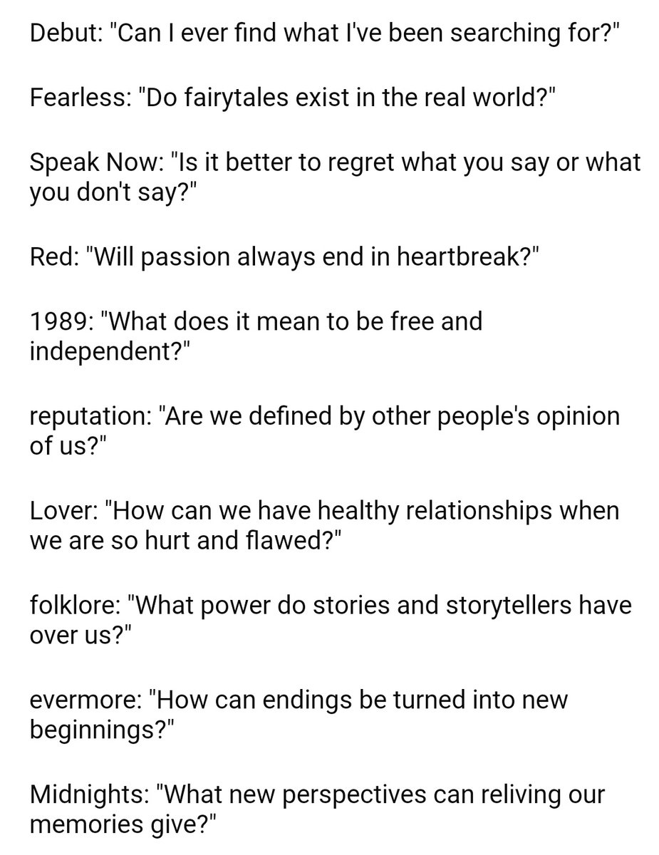 there was a post on reddit about what questions could define each taylor album and someone came up with these... im floored