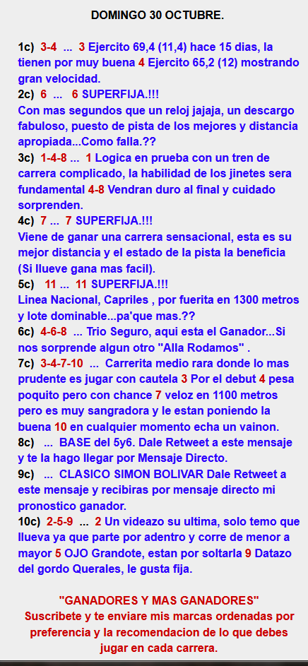 #Hipismo #parley 🏇🇻🇪
Domingo 30 Octubre

                      Suscribete y Obtendras:
                 "Ganadores y Mas Ganadores"
                             0414-1481333.

Pronosticamos :
#MLB ⚾ 
#NBA 🏀 
#NFL 🏉
#Hipismo #LaRinconada  🏇🏇