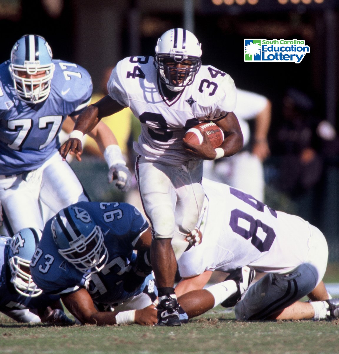 This Day In Furman Football History (Oct. 30, 1999) — Justin Hill passes for 187 yards and three touchdowns and Louis Ivory (34) runs for 177 yards to power Furman past North Carolina, 28-3, at Kenan Stadium. #FUAllTheTime