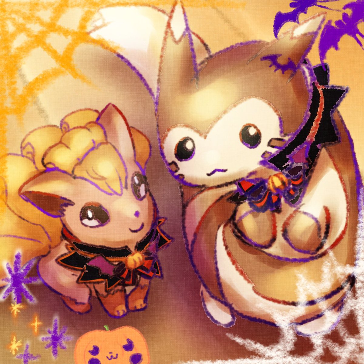 ポケモン「#ポケモンと生活オオタチとロコン、姉の相棒とおそろコーデおうちでハロウィンパーテ」|村瀬のイラスト