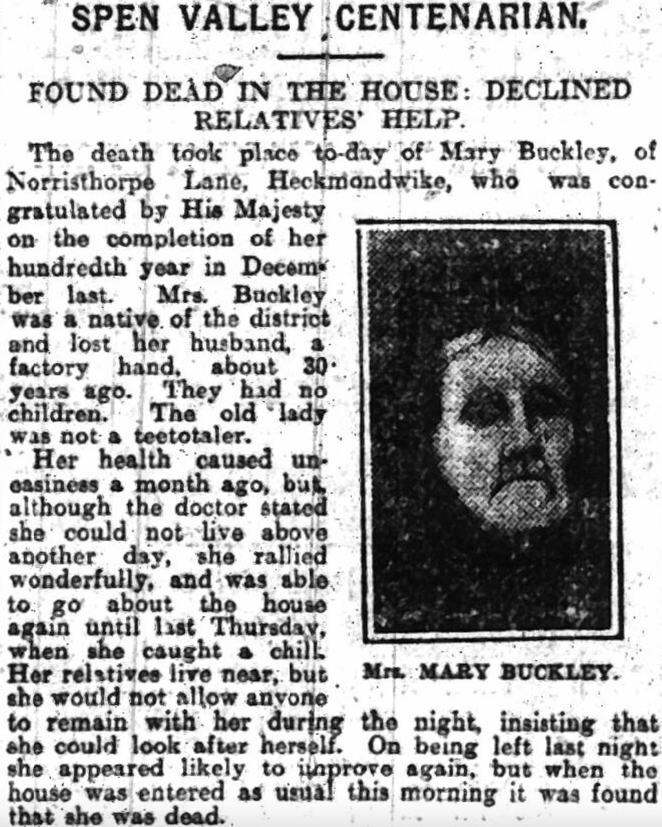 _george_hall_'s tweet photo. #OTDO 111 years ago, Mrs. Mary Buckley passed away aged 100 years, 10 months and 17 days. She saw Heckmondwike develop from a place of poverty to one of the great prosperous towns of the North, with many great institutions and local industry. #Genealogy #Ancestry #LocalHistory https://t.co/w8JkaEqSr7