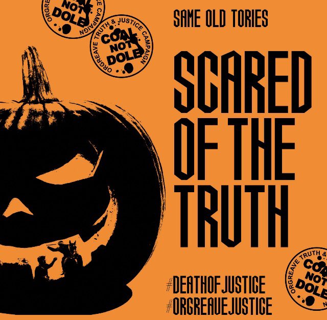 orgreavejustice's tweet photo. A haunting image of Amber Rudd the #HomeSecretary who on 31/10/2016 refused to hold an  #OrgreaveInquiry into police violence during the 84/5 #MinersStrike #DeathOfJustice #Halloween #Tories #scaredofthetruth then &amp; now #OrgreaveJustice https://t.co/E55a9dj0Z6