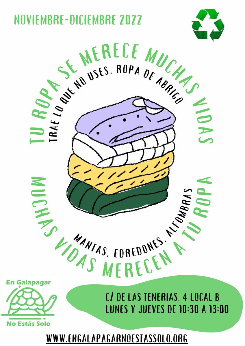📣 Como estáis notando, 🌡 las temperaturas comienzan a bajar 🥶 y hay personas 👨‍👩‍👧‍👧 👨‍👨‍👧‍👦👩‍👦‍👦q no van a poder encender la calefacción en su casa

NECESITAMOS:
Ropa de abrigo
Mantas 
Edredones 
Alfombras

#gracias 🐢

💚Si cada uno aportamos sólo un poquito, podemos cambiar el mundo 💚