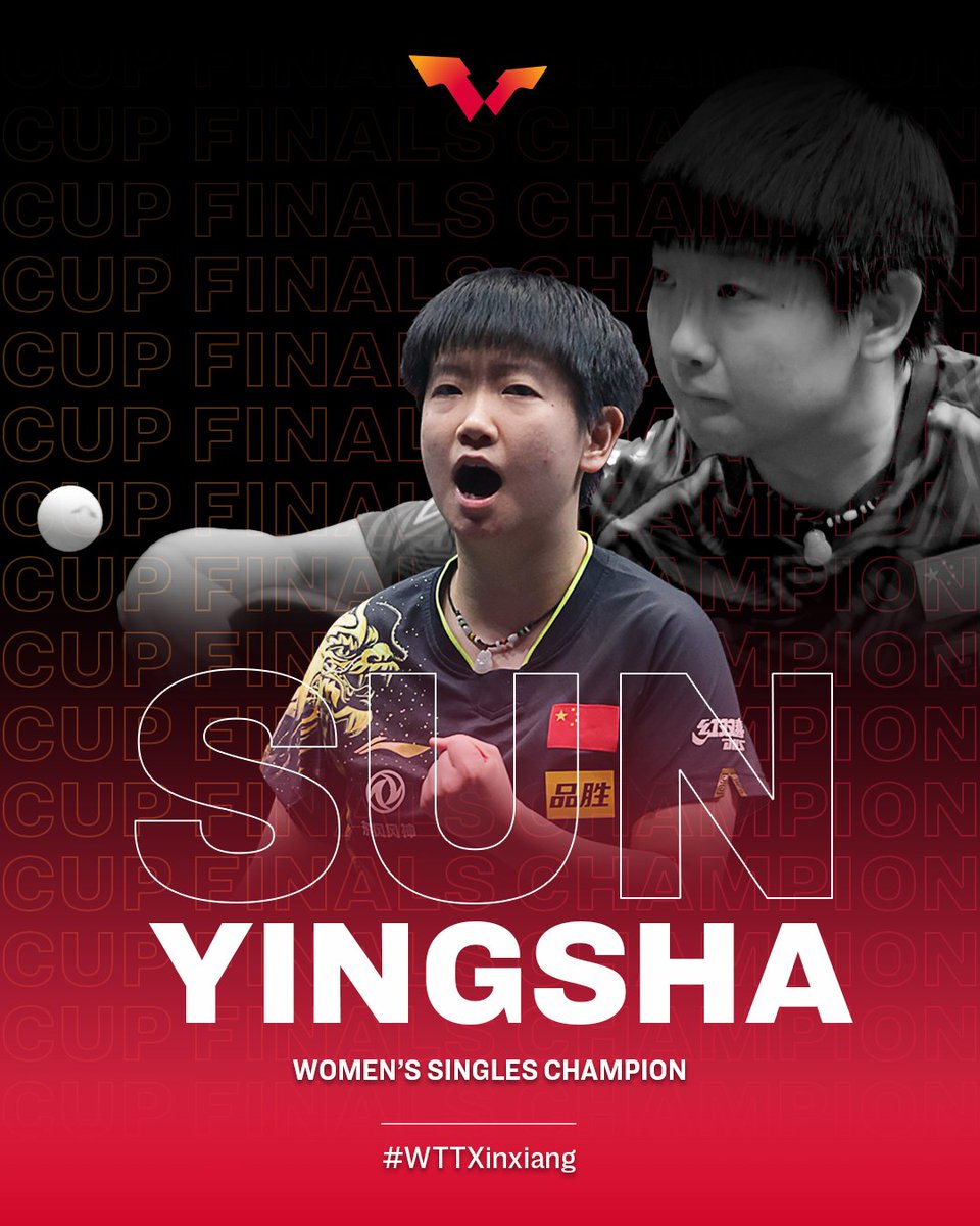WTTGlobal's tweet photo. Your #WTTCupFinals Xinxiang 2022 Women's Singles Champion - Sun Yingsha! 👏 

#WTTXinxiang https://t.co/odkUlUmcVf