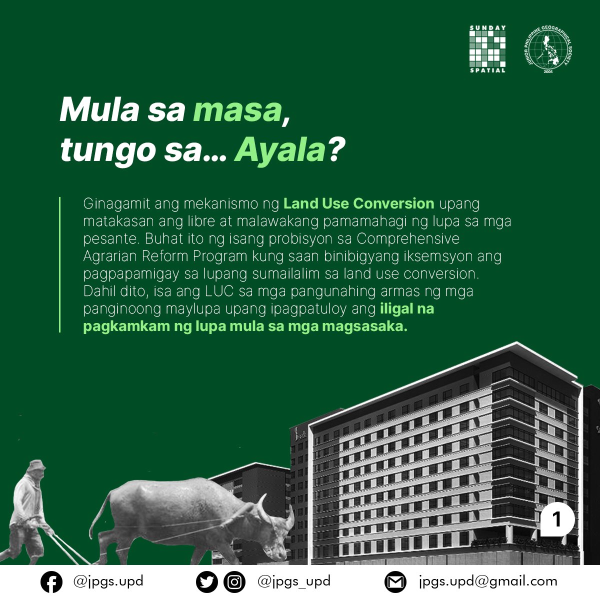 jpgs_upd's tweet photo. [SUNDAY SPATIAL: Aggressive Land Use Conversion and the Filipino Peasantry]

#LandToTheTillers
#GenuineAgrarianReformNow
#PushGARB
#SundaySpatial

Basahin: https://t.co/3rbnhXy6B8

[1/3] https://t.co/vsWODuVWb6
