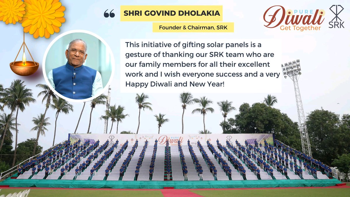 SRKdotOne's tweet photo. In line with our Founder-Chairman Shri @GovindLDholakia's vision to be net zero by 2024, we decided to give our people the gift of renewable energy this Diwali.
@DarshanaJardosh

#puresustainability #purespirit #purelight #solarenergy #renewableenergy #srkfamily #srkdiamonds https://t.co/NYX5VR9Ozt