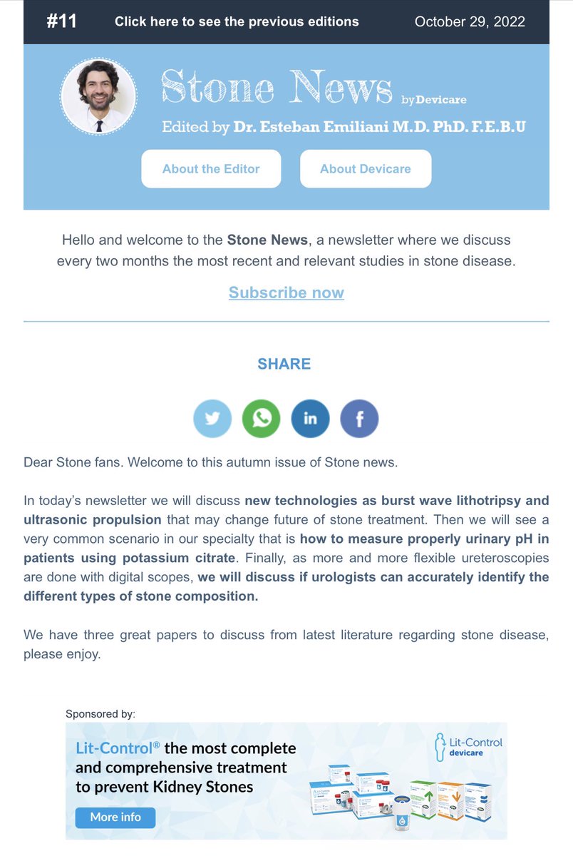 I love this edition of #StoneNews by <a href="/emiliani_e/">Esteban Emiliani</a> where he discusses about new technologies like #BurstWaveLithotripsy, and shares new results about measuring urine pH with <a href="/LitControl/">Lit-Control</a>), among others.

Subscribe here to the most read Newsletter in Stones: lnkd.in/eJeMfyXb.