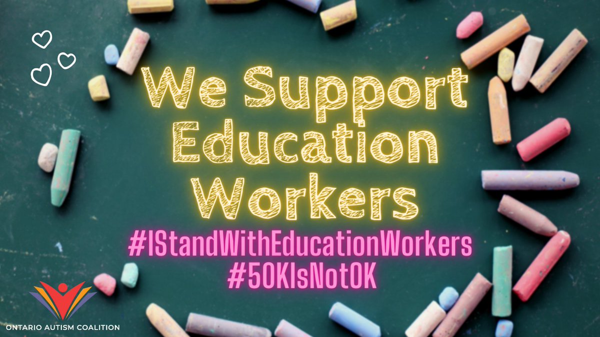 The Ontario Autism Coalition supports all education workers. We stand with you as you fight for better quality education and employment. ❤️📢 #IStandWithEducationWorkers #50KIsNotOk #OntEd #onpoli #NoTransparency #NoTransparency4Autism @osbcucscso @CUPEOntario