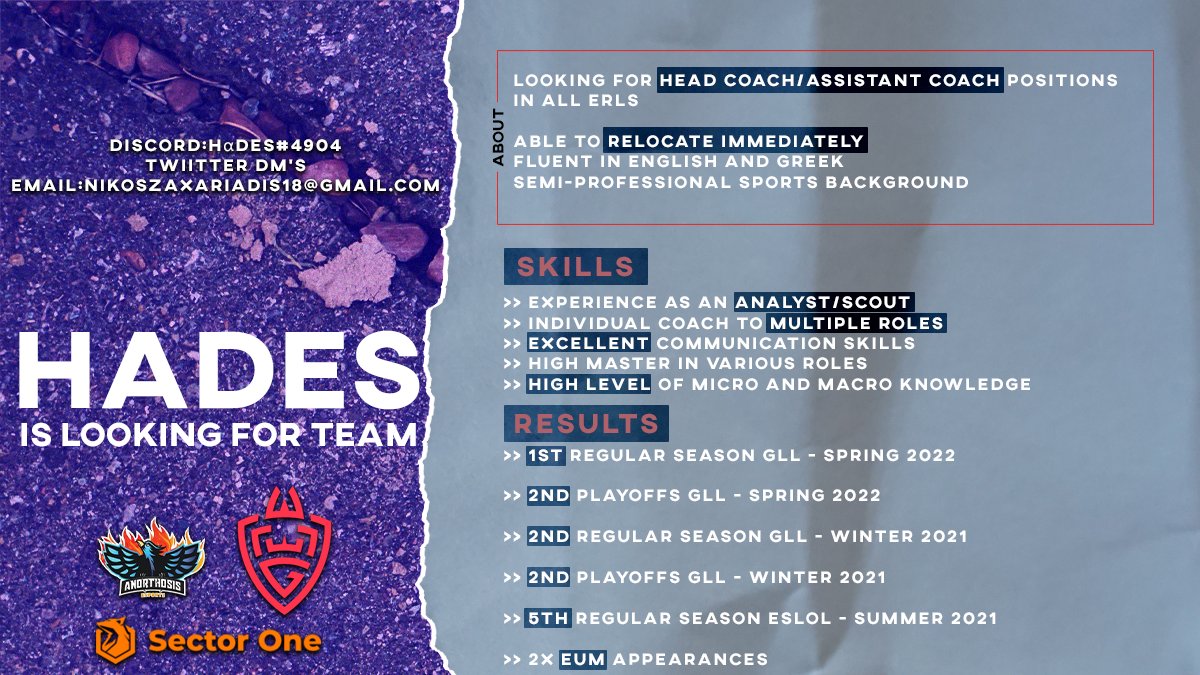 Hades_LoL287's tweet photo. Looking for Head/Assistant/Strategic coach positions in all ERL's,open to offers from LFL2,LVP2,PL2 as well.

Work Samples and References upon request. https://t.co/HUgOpJKrhn