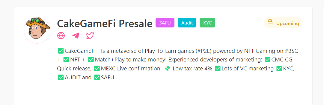 CakeGameFi's tweet image. #CakeGameFi KYC Verified ✅
Get ready For #CGF token presale. 

Website: cakegamefi.com

More announcement coming soon.

#CGF #token  #BSC #Airdrops #Binance #Chainlink #gaming #ETH #blockchain #BSCGems