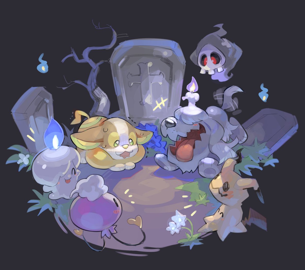 mimikyu pokemon (creature) tombstone no humans tongue graveyard open mouth fire  illustration images