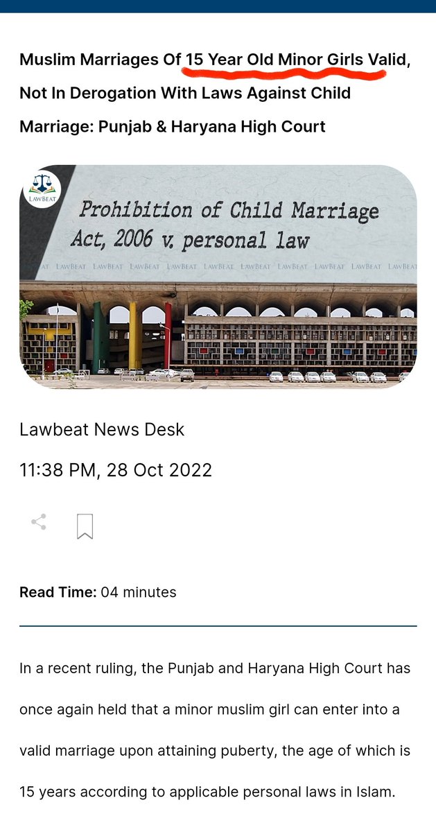 #Judiciary is confused!!!

Punjab High Court: minor muslim girl can enter into a valid marriage upon attaining puberty, the age of which is 15 years according to personal laws in Islam.

Karnataka High Court: Send husband to Jail under POCSO act for marriage with 17yrs old girl
