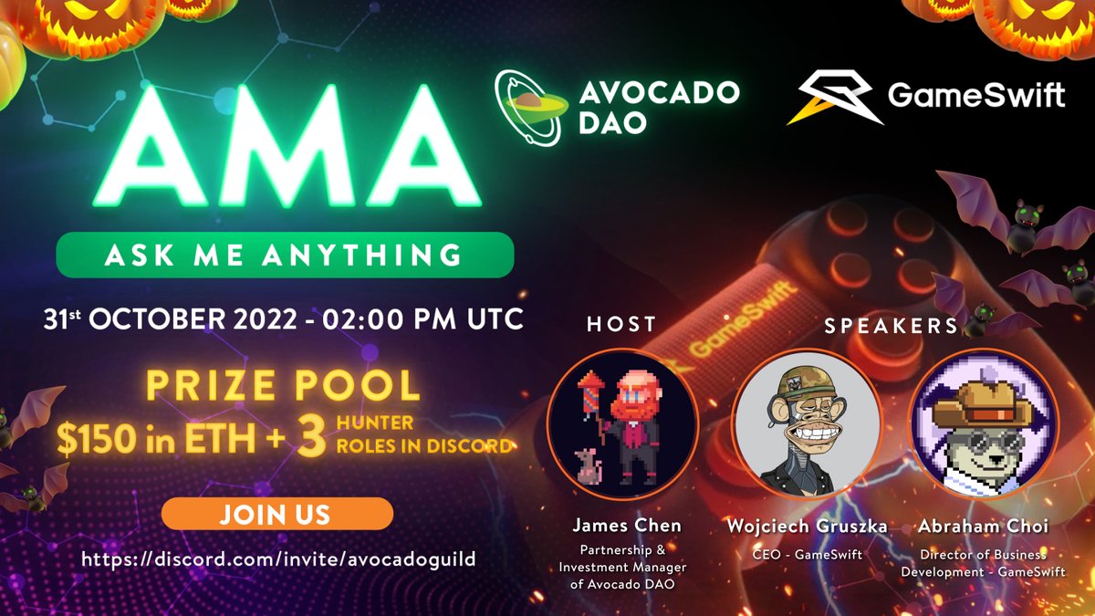 Boo👻 We invited our friends from @GameSwift_io to chat about the GameSwift Platform, Community and more! 📆 31 Oct, 2pm UTC 📍discord.gg/AvocadoGuild Ask questions live to win one of 3x $50 in $ETH OR Join Trick or Treat to win a Hunter role (WL spots)🔥