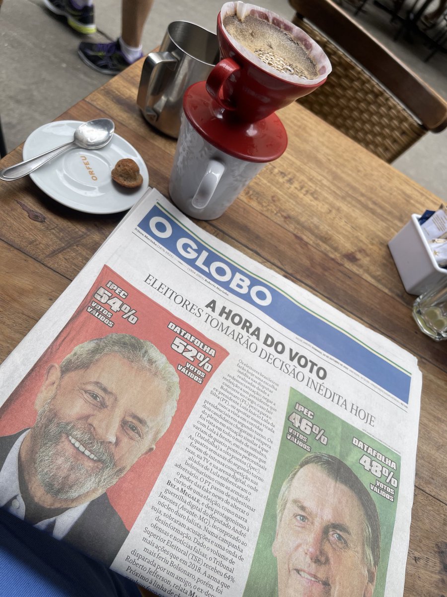Die Kaffeesatzleserei am Wahlmorgen - inzwischen zuverlässiger als so manches Umfrageinstitut - sagt voraus: #Lula 51,4 % #Bolsonaro 48,6 % (bereinigt) #Brasilien