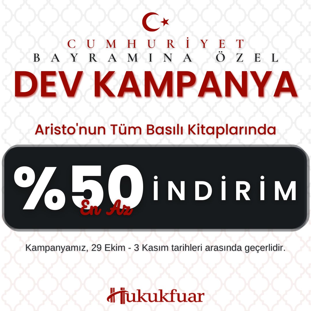 Cumhuriyet Bayramına Özel DEV KAMPANYA!

Aristo'nun Bütün Basılı Kitaplarında EN AZ %50 İNDİRİM Fırsatı!

Hemen İncelemek İçin: hukukfuar.com/cumhuriyet-kam…