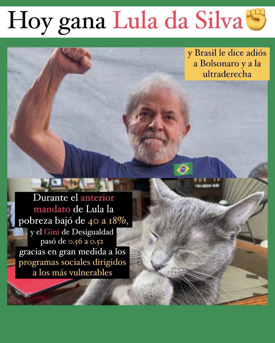 Miau. Hoy gana Lula y gana Brasil.

🇧🇷 es uno de los países más desiguales. Pero con Lula, la pobreza bajó de 40 a 18% entre 2003 y 2011, y el Gini pasó de 0.56 a 0.52. En gran medida gracias a programas dirigidos a los hogares más pobres. 

Lula acabó con una popularidad de 87%.