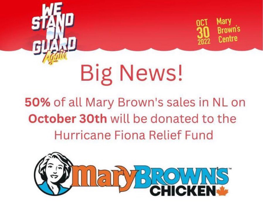 Get a feed of chicken today <a href="/MaryBrowns/">Mary Brown's</a> and support a good cause!