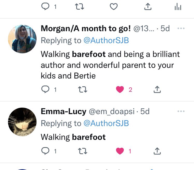 AuthorSJB's tweet image. Ooohh, I like that hashtag #footnerd. Made me smile when @w_roberts6 used it yesterday. How shall we define it, @3dancingfeet?
I reckon I’m one, because when I asked my followers what I’m best known for, these were among the replies: ⬇️⬇️
