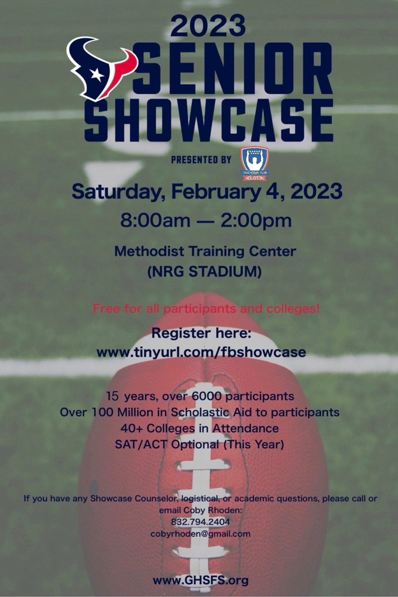 srfbshowcase (@srfbshowcase) on Twitter photo Attention class of 2023 Seniors: Our 100% free event is entering its 15th year.  40-50 D2 D3 Colleges ready to offer you a spot on their team. You must preregister.  HS Coaches please retweet!
tinyurl.com/fbshowcase Attention class of 2023 Seniors: Our 100% free event is entering its 15th year.  40-50 D2 D3 Colleges ready to offer you a spot on their team. You must preregister.  HS Coaches please retweet!
tinyurl.com/fbshowcase