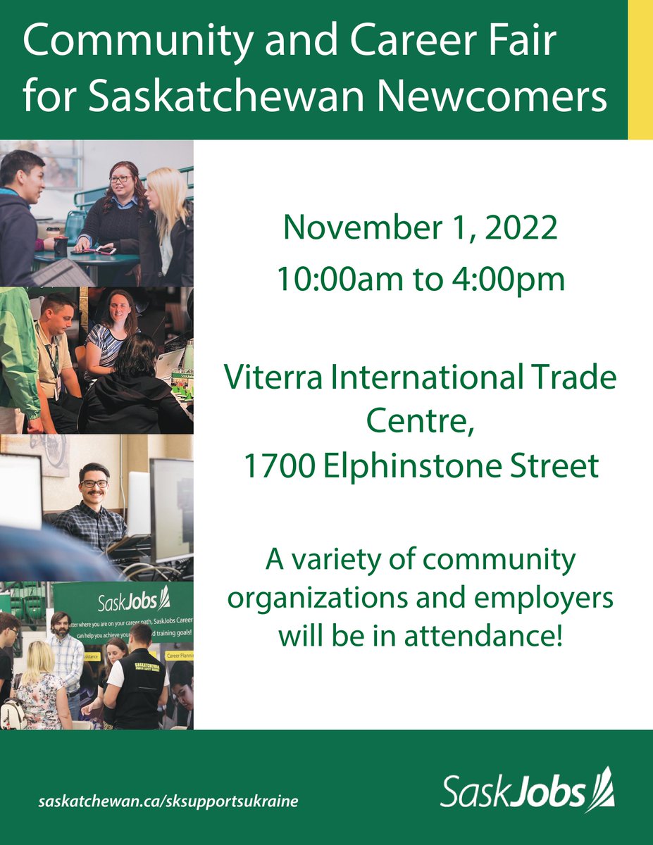 TheHrnc's tweet photo. The Provincial Government invites you to the Community and Career Fair for Saskatchewan Newcomers.

This will be held at Viterra International Trade Centre, 1700 Elphinstone Street, Regina, SK.

Please see the poster for other details. https://t.co/P3VtYQ4oko