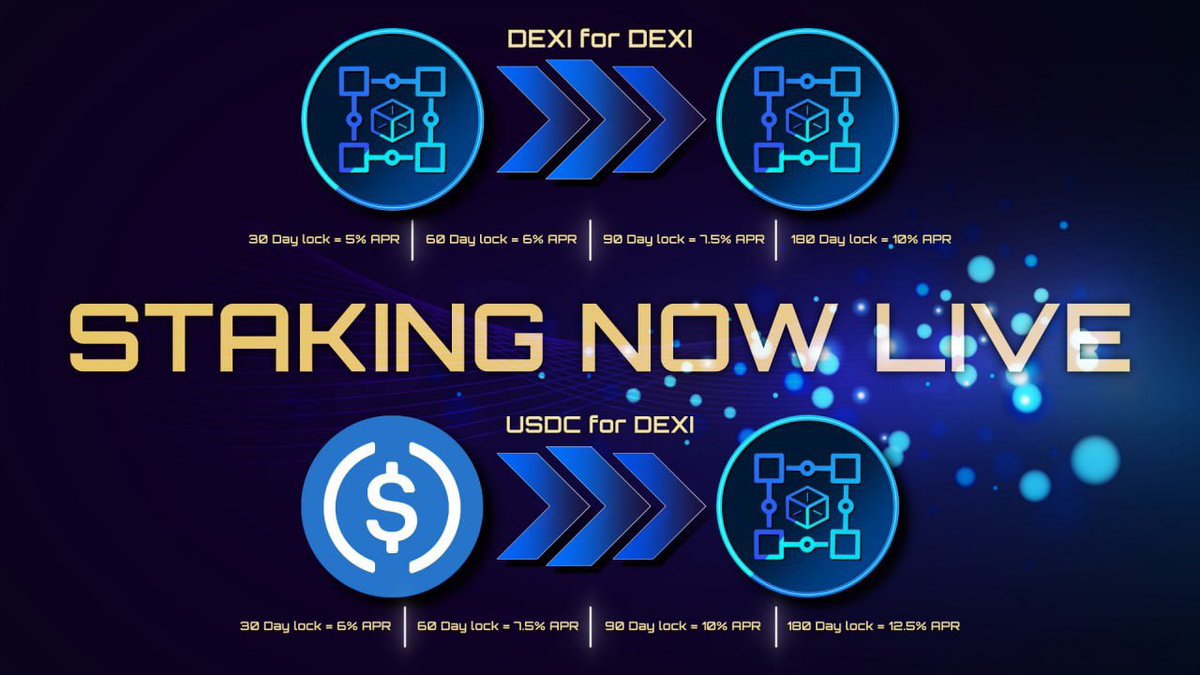 Earn passive DEXI token with our staking platform! Lock your $DEXI or $USDC over a period and receive percentage APR Over 11% of the total supply has already been staked and rising 💚 #Staking #Crypto #DeFi