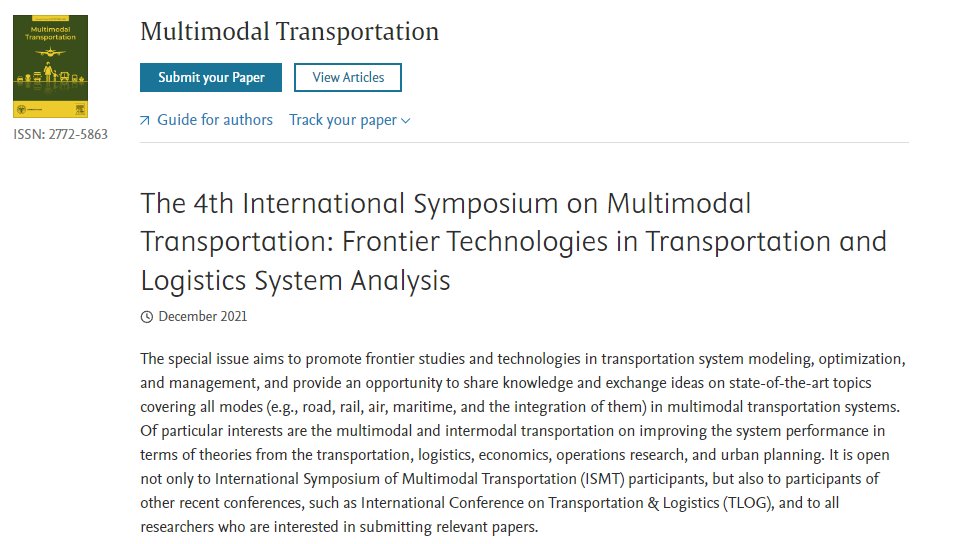 MULTRA__'s tweet photo. Call for paper:“Frontier Technologies in Transportation and Logistics System Analysis”!
It aims to promote frontier studies and technologies in transportation system modeling, optimization, and management, and provide an opportunity to share knowledge and exchange ideas https://t.co/eUiXRq8Nbk