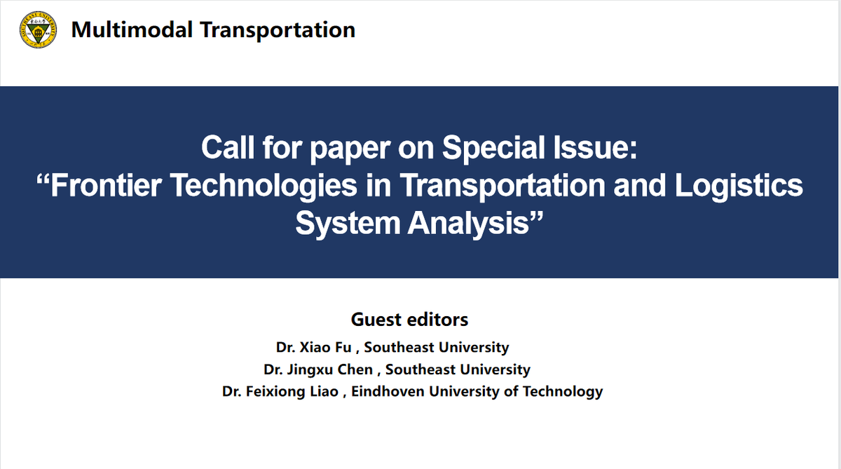 MULTRA__'s tweet photo. Call for paper:“Frontier Technologies in Transportation and Logistics System Analysis”!
It aims to promote frontier studies and technologies in transportation system modeling, optimization, and management, and provide an opportunity to share knowledge and exchange ideas https://t.co/eUiXRq8Nbk