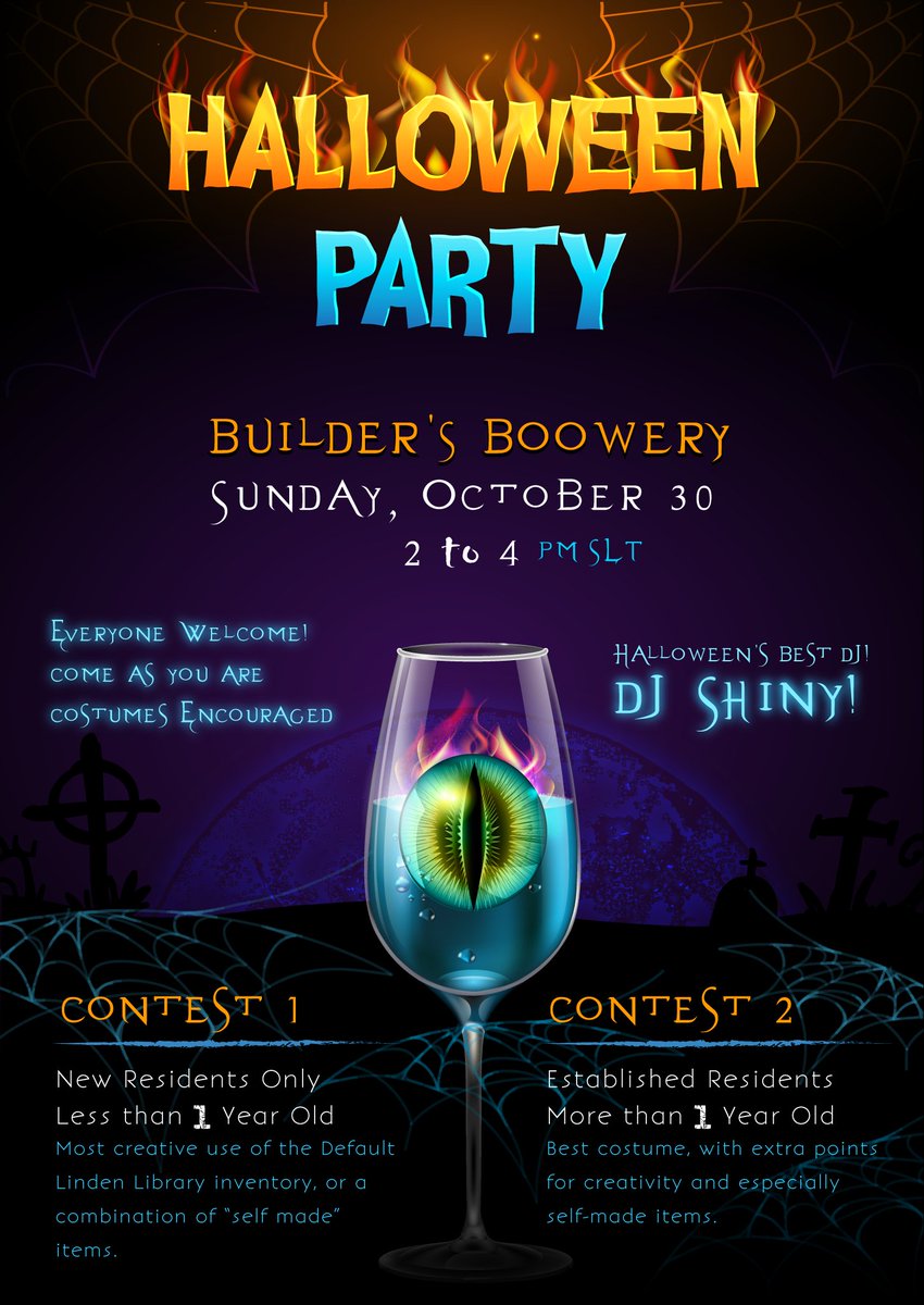 BuildersBrewery's tweet photo. 🎃Halloween Party at Builder's Boowery today in Second Life! (and the afterlife?). EveryGhoul is welcome. Come as you are or in costume!  
(PG Region)
⏰Sunday, Oct. 30 - 2-4 PM SLT

Contests:
1. NEW SL Residents Only 
2. Established Residents

👻Details: 
https://t.co/793cIX1UM8 https://t.co/2LNzF34XuL