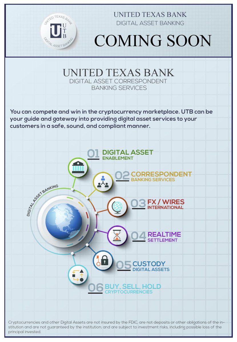👉United Texas Bank (regional) has a Digital Assets tab on their website.

👉Speculation is that it would be utilizing Ripple’s Liquidity Hub to offer these services. 

Credit <a href="/sentosumosaba/">🌸Eri ~ Carpe Diem</a> 

👉They are poised &amp; getting ready for …one can only guess - settlement?

💥 #XRP