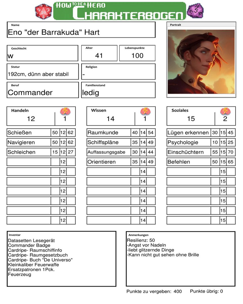 Wir stellen vor Rory als Eno Hart:

Eine ernste Frau. So gut wie nichts bringt sie aus der Ruhe. Man munkelt, dass sie in der Lage ist, Tage lang ohne Nahrung auszukommen.
Insgeheim liebt sie Groschenromane und glitzernde Dinge.

Am 31.10. um 20 Uhr auf
twitch.tv/howtobeahero