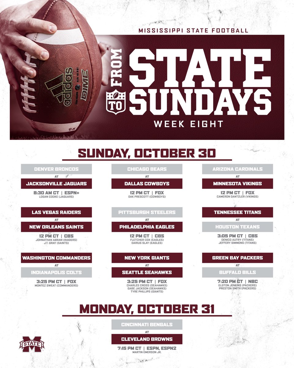 #FromStateToSundays Week 8️⃣ Check out when and where your favorite Bulldogs are playing this week in the @NFL. 📝 hailst.at/3Dnp0tE #HailState🐶