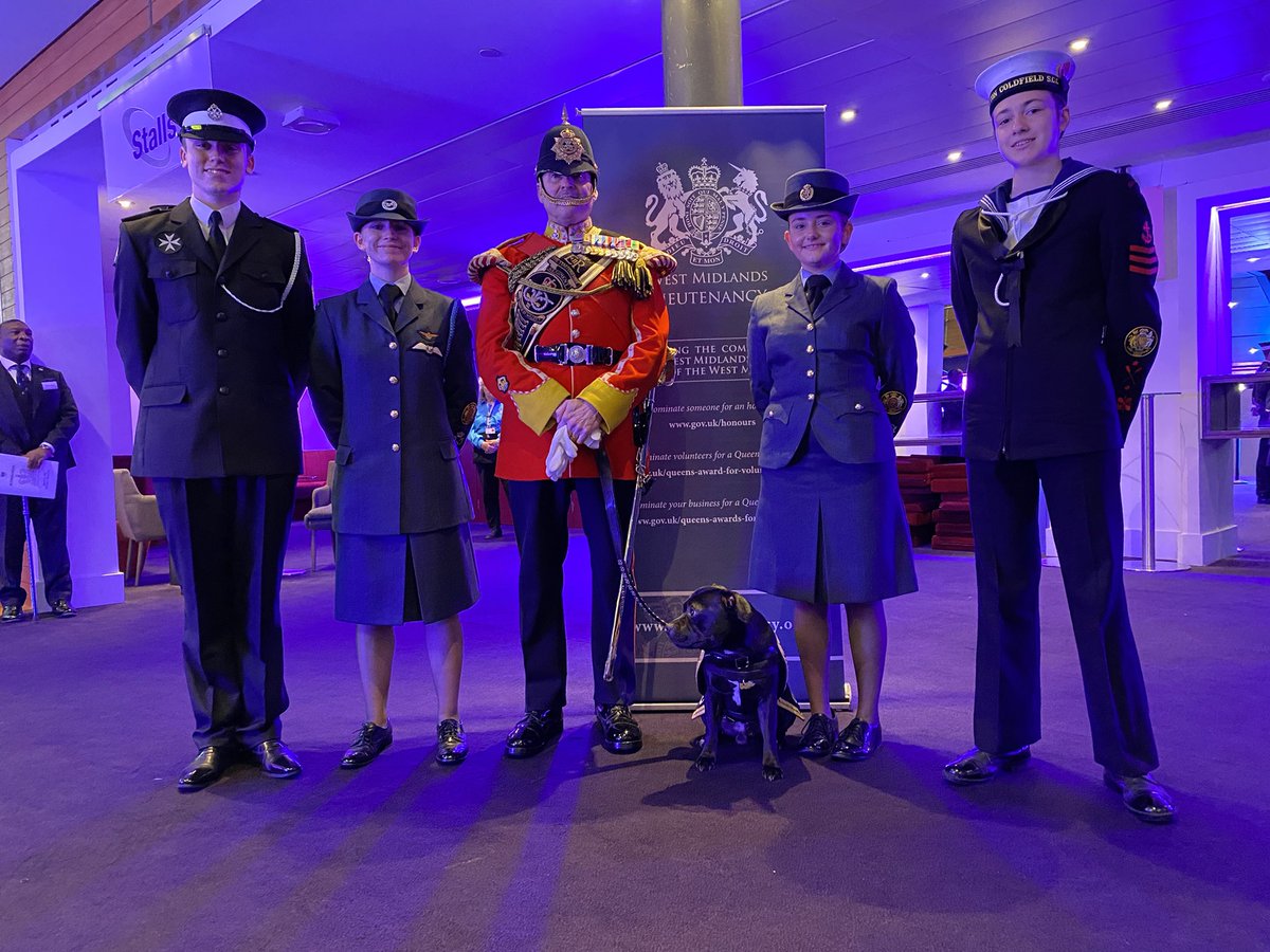 Today is our @QueensAwardVS celebration. The Lord-Lieutenant’s cadets are ready to meet our honourees and are pictured here with Staffordshire Regiment Association and their mascot Watchman. #qavs