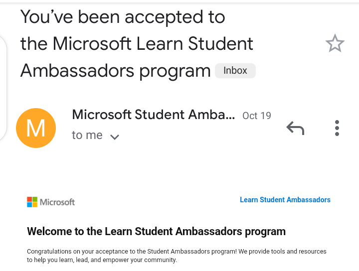 I'm happy to announce that I've been accepted into the Microsoft Learn Student Ambassador program. My sincere gratitude goes to our own @TheOyinbooke for putting us on the path and all gave all the necessary information required to go through the processing