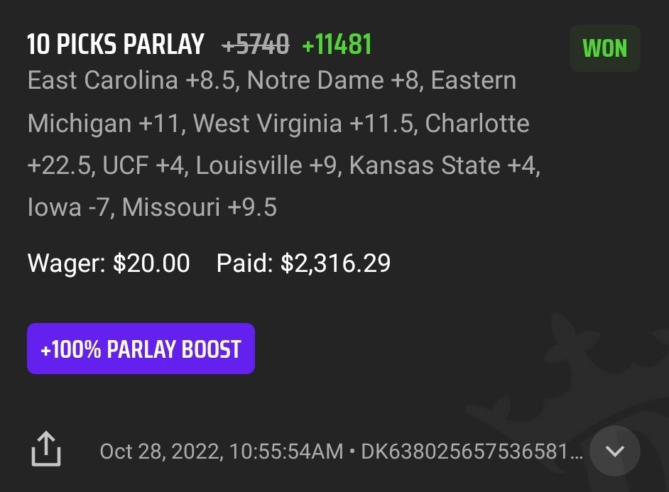 I'd advise anyone gambling to use DraftKings Sportsbook over FanDuel Sportsbook. DraftKings gives you tons of boost and FanDuel gives you hardly anything This parlay had a 100% boost because I had 10 legs, It would've paid around $1,100 I think but with the boost it was $2,316