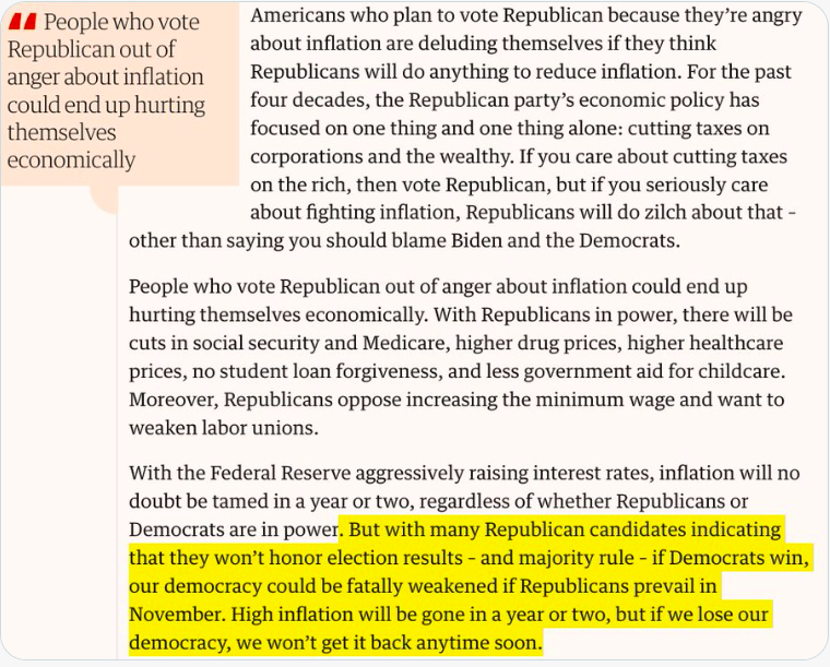 People who vote Republican out of anger about inflation will end up hurting themselves economically. With GOP in power, there will be cuts in Social Security & Medicare, higher drug & healthcare prices, less aid for childcare & no student loan forgiveness theguardian.com/commentisfree/…