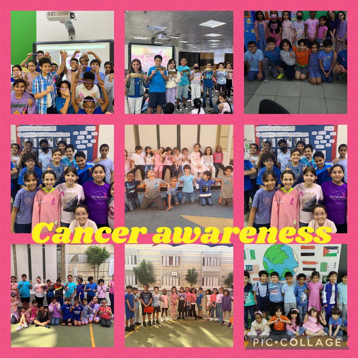EdmentLynsey's tweet photo. Last Thursday we wore pink, blue and lavender in support of cancer awareness. Parents even supported which was lovely to see. We wrote messages to show care and compassion to those touched by Cancer.#CancerAwareness @psisqatar https://t.co/8tISSMJZHf
